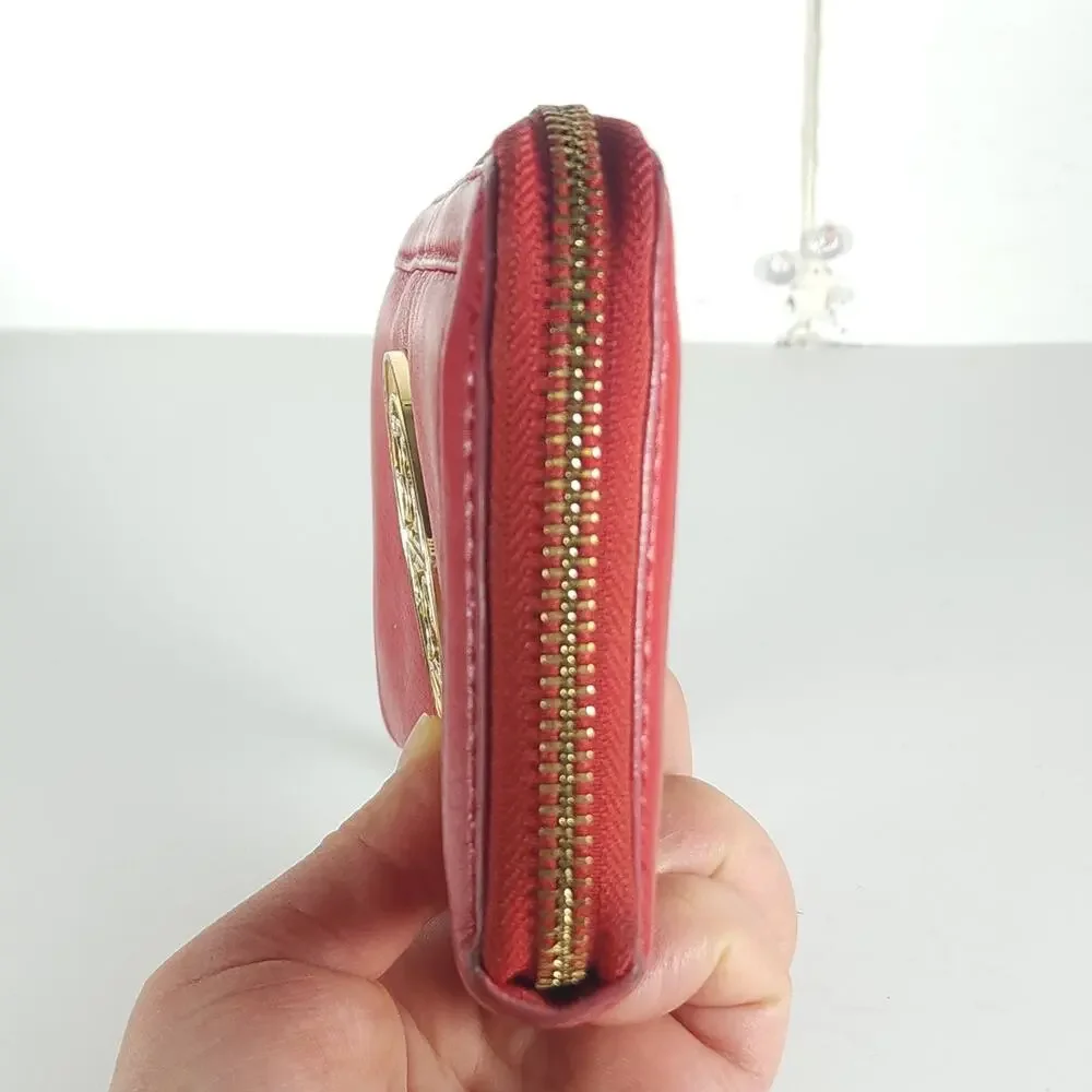 Tory Burch Amanda Red Pebbled Leather Gold Logo Zip Continental Wallet